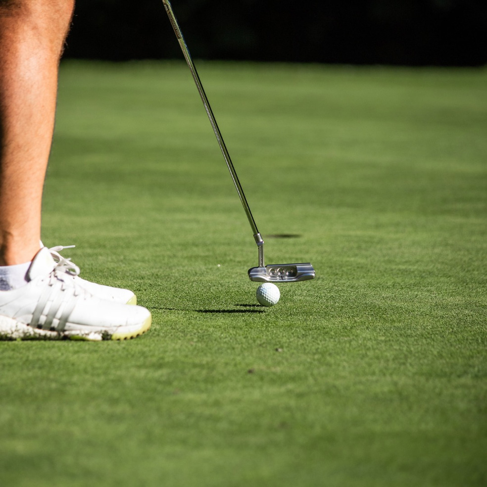 A-person's-leg-golf-club-and-ball-on-a-putting-green-Pitt-Meadows-Golf-Club