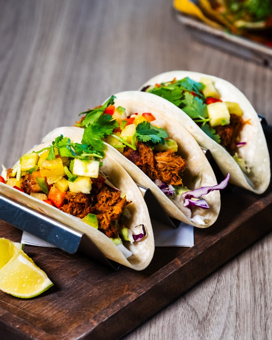 Tacos-with-meat-and-vegetables-on-wooden-board-Pitt-Meadows-Golf-Club